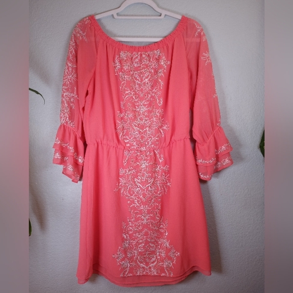 White House Black Market Gold Metallic Embroidered Coral Boho Off Shoulder Dress - Picture 5 of 9